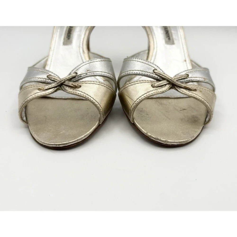 Manolo Blahnik Silver & Gold Metallic Kitten Heel Mules Vintage Size EU 35.5